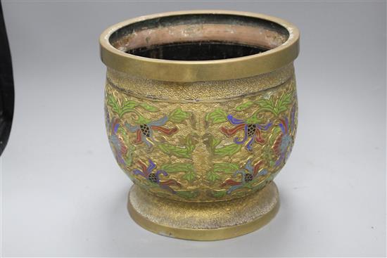 A Chinese champleve enamelled gilt metal jardiniere, height 26cm, diameter 26cm